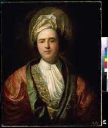 ""Portræt af en komiker i orientalsk scenekostume"" (Portræt af en skuespiller) Han bærer en turban. Maleri af Jean Ranc (1674-1735) Mikhail Kroshitsky kunstmuseum fra det 18. århundrede, Sevastopol (Sevastopol) Ukraine