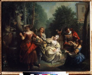De fem sanser: ""Le gigt"" (Smagen) unge mennesker i aristokratiet smager frugt. Maleri af Jean Raoux (1677-1734) 1725-1735 Pushkin Museum, Moskva