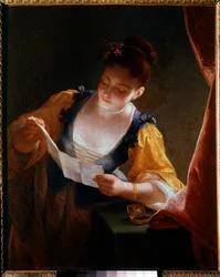 Ung kvinde læser et brev Maleri af Jean Raoux (1677-1734) 1700-tallet søn. 0,99x0,81 m