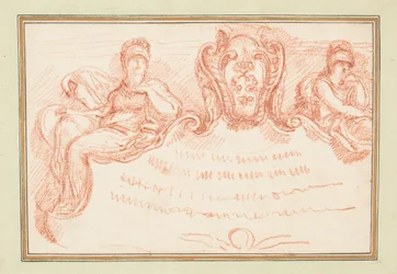 Loftsdetalje med to siddende figurer og våbenskjold