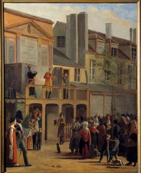 Gadeteater: "" Paraden af ​​Bobeche og Galimafre på Boulevard du Temple foran Theatre des delassements comiques"" Maleri af Jean Roller (1798-1866) 1820 Søn. 1,01x0,83 m Paris, Carnavalet Museum