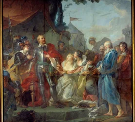 Belejringen af Calais i 1347 var fortæringen af Eustache af Sankt Peter, den bedst kendte af de seks borgerlige i Calais, som gik til kongen af England Edward III, for at bede om indbyggerne i Calais nåde (august 1347). Maleri af Jean Simon
