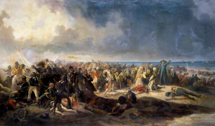 Wars of Vendee: "Slaget ved Quiberon"" General Lazare Hoche forhindrede et forsøg på at afbarke royalistiske emigranter, knyttet til chouanerne, den 21/07/1795. Maleri af Jean Soreuil (1824-1871) 1850 Arras, Musee Des Beaux Arts