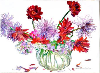 Gerbera, Betlehemsstjerne, edderkoppekrysantemum, Heisey-kande, 2000 (akvarel og blæk på papir)