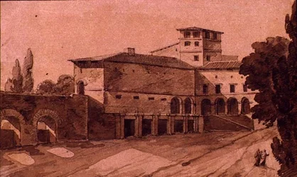 Udsigt over en italiensk by (pen med sepia blæk og vask på papir)