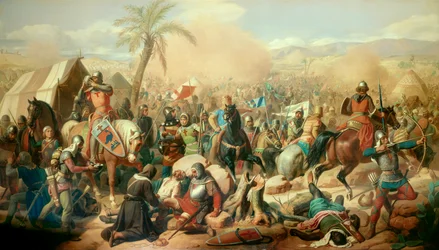 Første korstog: «Slaget ved Askalon, 12/08/1099, sejr ved Gottfried af Bouillon (1061-1100) over viziren Afdal». Maleri af Victor Schnetz (1787-1870), 1843. Lærred. 3,15 x 5,56 m. Versailles, Slotsmuseet