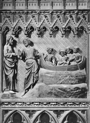 Katedral, interiør, korskærm, Jesus Kristus viser sig ved Tiberias-søen, det mirakuløse træk af fisk, ca. 1340-51 (polykrom sten)