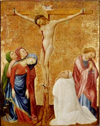 Golgata til karteusermunken. De tre jomfruer og Sankt Johannes omgiver korset. En karteusermunk knæler ved Kristi fod. Maleri af Jean de Beaumetz (1361-1396)
