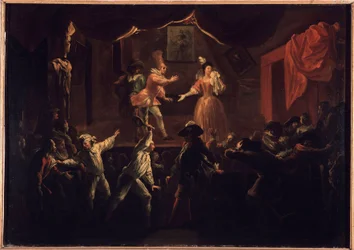 Beklagelige succeser med dette stykke. En af palmespillerne, hvis tøj havde været derobe, giver en stor ketcher til La Rapiniere. Maleri, der illustrerer "The Comic Roman" af Paul Scarron (1610-1660). Olie på lærred af Jean-Baptiste (Jean Baptiste) Coulom 
