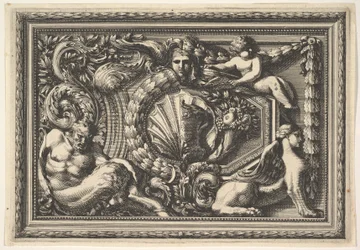 Design til et panel med to varianter indeholdende en Satyr og en Sphynx, fra: Pannea..., 1600-tallet.