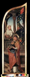 ""Repræsentation af Sankt Vilhelm af Bruxelles, Sankt Bernhard af Clairvaux (San Bernardo di Chiaravalle)"" Højre panel af bebudelsens triptykon (Bebudelsen). Maleri på træ af Jean Bellegambe den ældre (1470-1534) Sankt Petersborg, m.