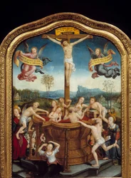 Det mystiske bad. Ved foden af det kors, hvorpå Kristus er korsfæstet, bader mænd og kvinder i en kilde af blod fra Messias