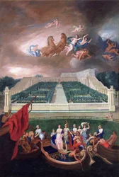 Udsigt over Orangeriet og Chateau de Versailles med bortførelsen af Helen, 1688