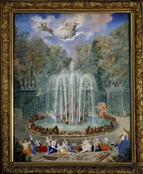 Udsigt over lunden med stjernen eller vandbjerget i Versailles haver med Alphee, der forfølger Arethuse og på himlen, Diane fører sin vogn, Maleri af Jean Cotelle the Jeune (1645-1708) 17. århundrede, Dim 2,01 x1, 37 m - Udsigt over Grove of the