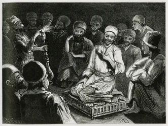 Den persiske historiefortæller omgiver sit publikum. Gravering af den rejsende forfatter, til illustration af historien "Persien, Kaldæa og Susiane"