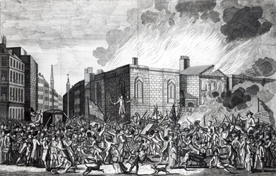 En nøjagtig gengivelse af oprørernes afbrænding, plyndring og ødelæggelse af Newgate den mindeværdige 7. juni 1780, indgraveret af Henry Roberts, 1781