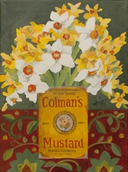 Hvide og gule narcisser i Colmans sennepsdåse (akryl)