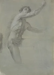 Model set forfra, knælende på højre ben; ikke tegnet færdig