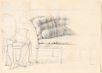 Studie til det Holmskioldske familiebillede fra 1787: den polstrede sofa, og til venstre en stol med Holmskiolds figur skitseret