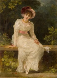 Lady siddende i en have