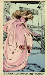 Fairy Morgane stjæler Excalibur, så hans elsker kan bruge den mod kong Arthur. Illustration af Jessie Marion King (1875-1949) til bogen "" The High History of the Holy Grail af Perceval the Welsh, ridder af det runde bord" af Sebastian Evans (1830)