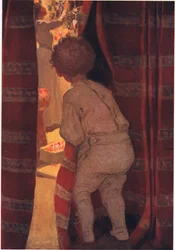 Han krøb nedenunder for at tage et kig i stuen (farve litho)