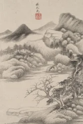 Landskab i stil med forskellige gamle mestre: I stil med Dong Yuan, 1669 (blæk og farve på papir)