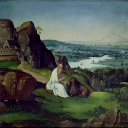 Hieronymus i et landskab (olie på panel)