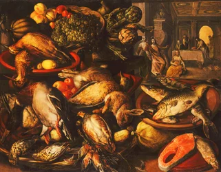 Vildt, fisk, frugt og grøntsager i kurve og skåle i et spisekammer, 1569