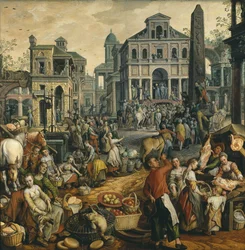 Scene de marche avec Ecce Homo - Markedsscene med Ecce Homo, af Beuckelaer, Joachim (ca. 1533-1574). Olie på træ