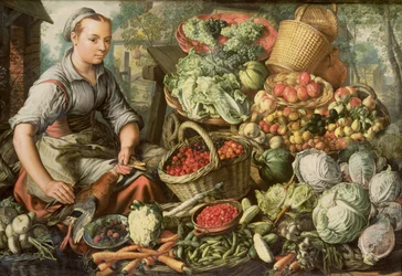Stilleben med frugt, grøntsager og en markedskone, 1564