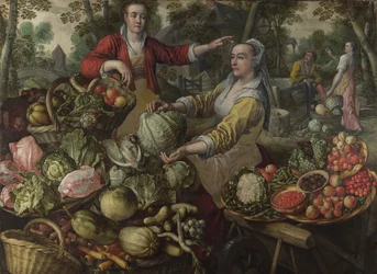 De fire elementer: Jorden. Et frugt- og grøntsagermarked med flugten til Egypten i baggrunden - af Beuckelaer (Beuckelaer), Joachim (1533-1574) - 1569 National Gallery, London