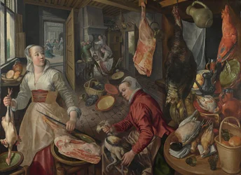 De fire elementer: Ild. En køkkenscene med Kristus i Marthas og Marias hus i baggrunden - af Beuckelaer (Beuckelaer), Joachim (1533-1574) - 1569 National Gallery, London