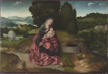 Le repos pendant la fuite en Egypte - Hvilen på flugten til Egypten, af Patinier (Patenier, Patinir), Joachim (ca. 1480-1524). Olie på træ. Mål: 21,5x31 cm. Nationalmuseum Stockholm