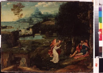 "Landskab med legenden om Saint Roch" (Landskab med legenden om Saint Roch) Saint Roch (1345-1376), syg af pesten, blev drevet ud af byen. Maleri af Joachim Patinir (Patinier eller Patenier) (cirka 1480-1524) Kharkov Nationalmuseum Ukraine