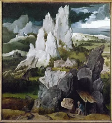 Sankt Jerome i et klippelandskab (olie på træ