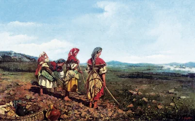 Napolitansk landskab med personer. Napolitanske bønder pløjer en mark på landet. Maleri af Joaquim VAYREDA i VILA (1843-1894)