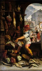 Detalje af "" Køkkenscene med lignelsen om festen"" En mand tilbereder fisk. Maleri af Joachim Wtewael (1556-1638) søn. 0,63x1 m Paris, Musée du Louvre.