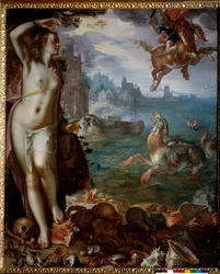 Perseus redder Andromeda lænket på en klippe. Heltene, klatrer på Pegase, kæmper mod et havmonster. Maleri af Joachim Wtewael (1566-1638) (Ec. Hol.) 1611 søn. 1,8x1,5 m