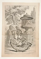 Et relief af krigere, en overdækket vase dekoreret med et bacchic relief og et overflødighedshorn i et landskab