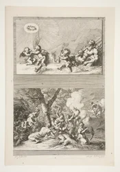 øverste halvdel: En flodgud og Putti leger med berømmelsessymbolerne nederste halvdel: The Punishment of Cupid