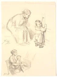 To figurstudier. Øverst en siddende kvinde som iagttager et barn ved en dør; nederst en kvinde med et banr ved klaveret
