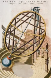 Stor ækvatorial armillarkugle designet af Tycho Brahe, illustration fra Le grand atlas ou Cosmographie blaviane (Atlas Maior), af Joan Blaeu, gravering, Holland