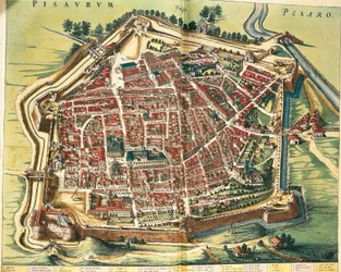 Italien, kort over Pesaro, fra Theatrum civitatum et admirandorum Italiae af Joan Blaeu, stik