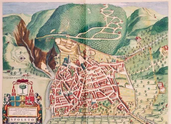 Kort over Spoleto fra Theatrum civitatum et admirandorum Italiae, af Joan Blaeu, gravering