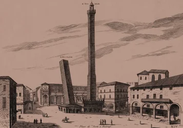 De to tårne (Asinelli og Garisenda), Bologna, Bologna, Emilia-Romagna, Italien, kobberstik, ca 21x29 cm