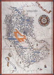 Kort over Den Arabiske Halvø, med vindrose og detaljer om havne og havkyster, i Atlas de Joan Martines