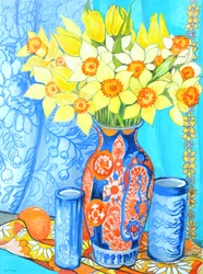 Påskeliljer og tulipaner i en Imani-vase; appelsiner og tekstiler