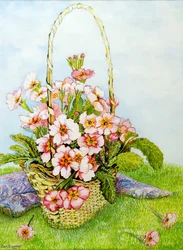 Pink Primroses i en blomsterhandlerkurv med et Paisley-tørklæde, 2010, akvarel