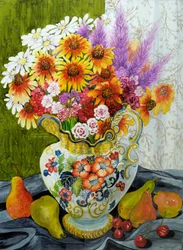 Victoriansk kande med blandede blomster, pærer og kirsebær, 2010, gouache